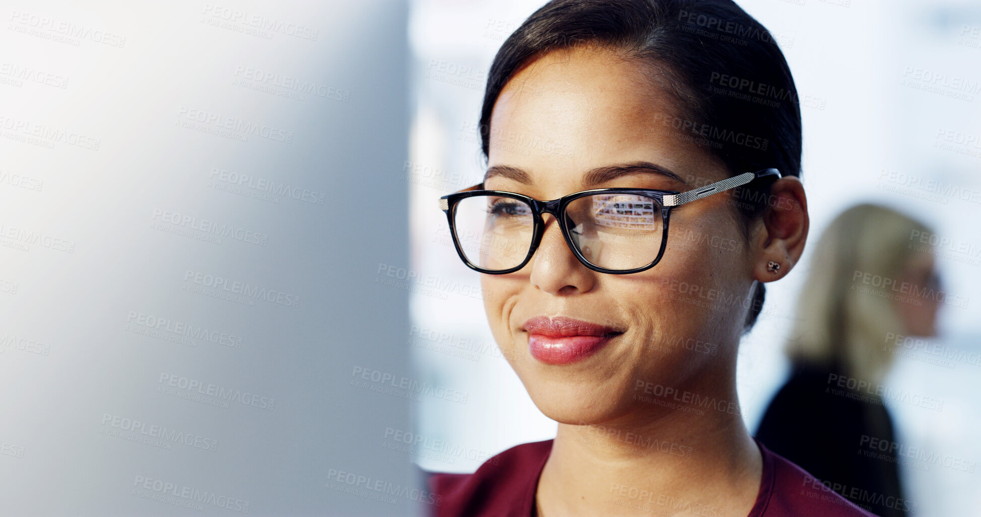 Buy stock photo Business, thinking or woman with computer, internet and solution with choice. Person, accountant or financial advisor in office, glasses or report for income growth, problem solving or website info