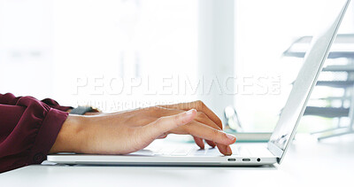 Buy stock photo Person, hands and writing on laptop for email, schedule planning and proposal or feedback for work in office. Woman, online and technology with typing for task or drafting, digital notes and report