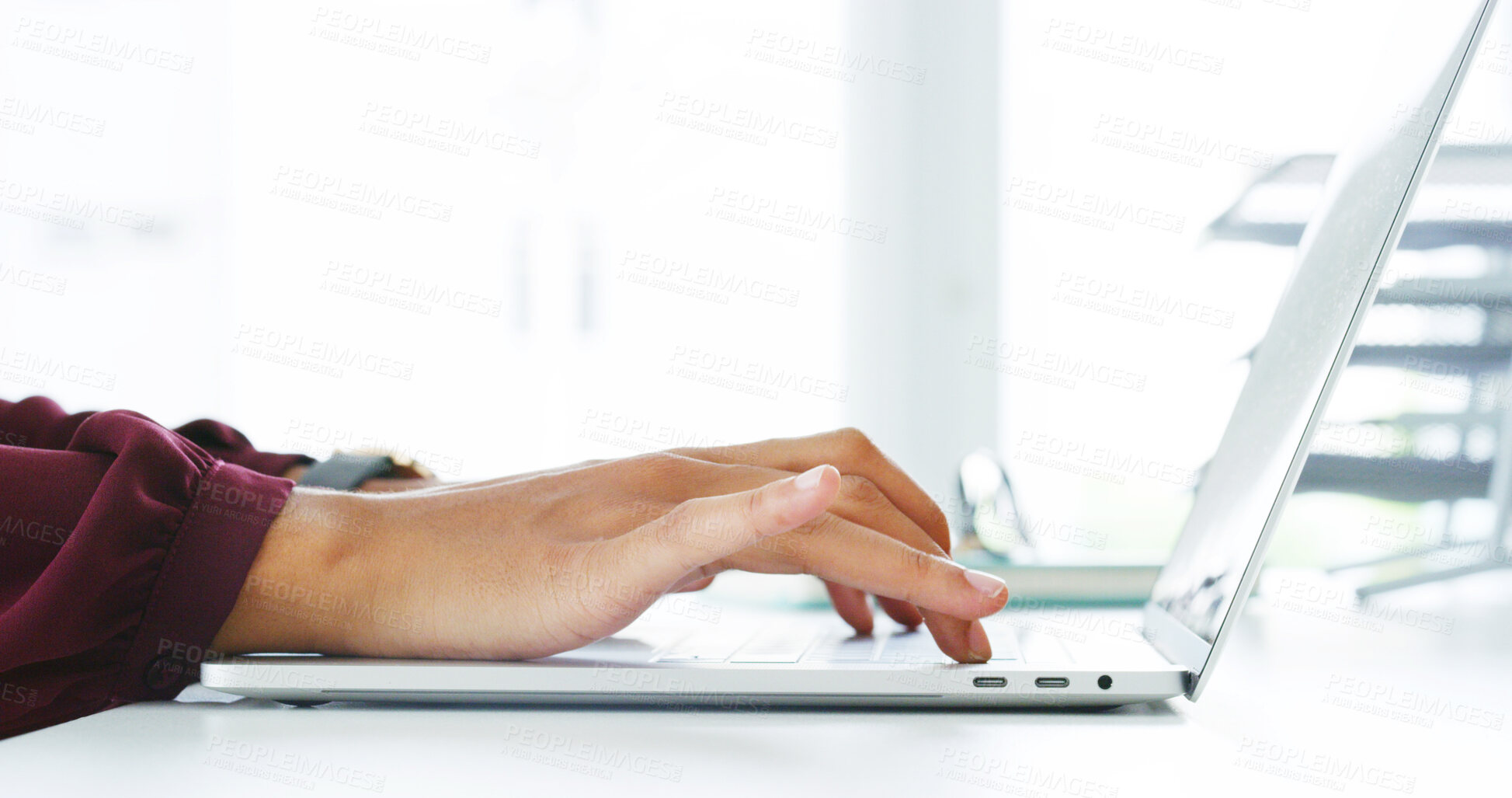 Buy stock photo Person, hands and writing on laptop for email, schedule planning and proposal or feedback for work in office. Woman, online and technology with typing for task or drafting, digital notes and report