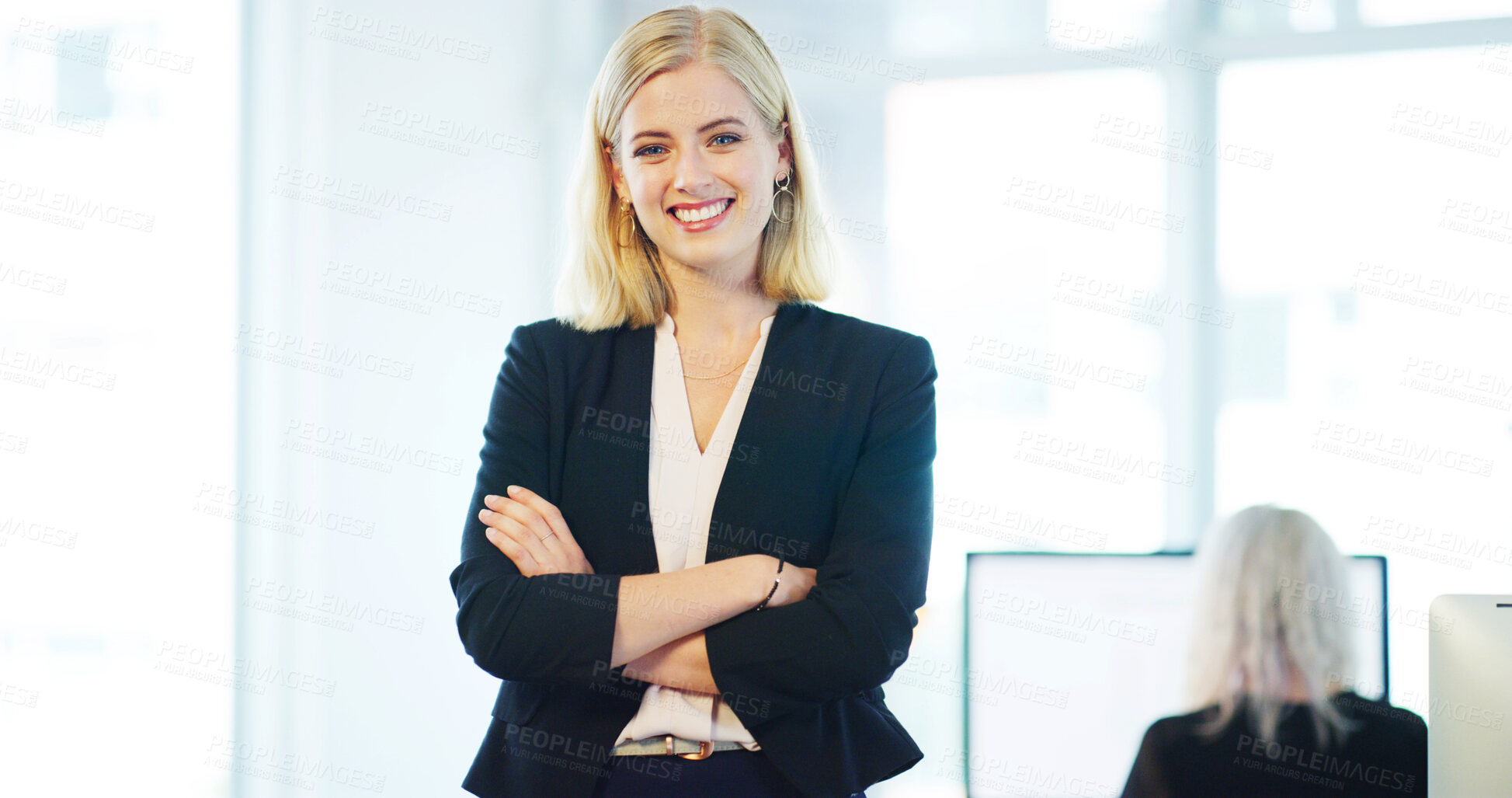 Buy stock photo Arms crossed, portrait and smile with business woman in office for about us, welcome or we are hiring. Happy, onboarding and recruitment with friendly human resources employee in professional space