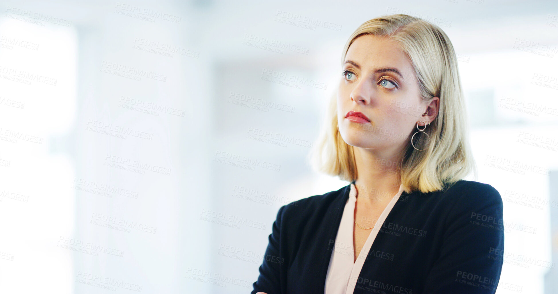 Buy stock photo Vision, thinking and business woman in office for legal intern, paralegal caseworker and reflection. Mockup space, litigation and brainstorming idea with person in law firm for attorney solution