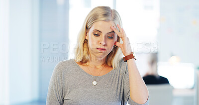 Buy stock photo Headache, stress and woman with burnout, thinking and frustrated with writers block, tired or office. Contemplating, fatigue and author with brain fog in agency, creative and person with migraine