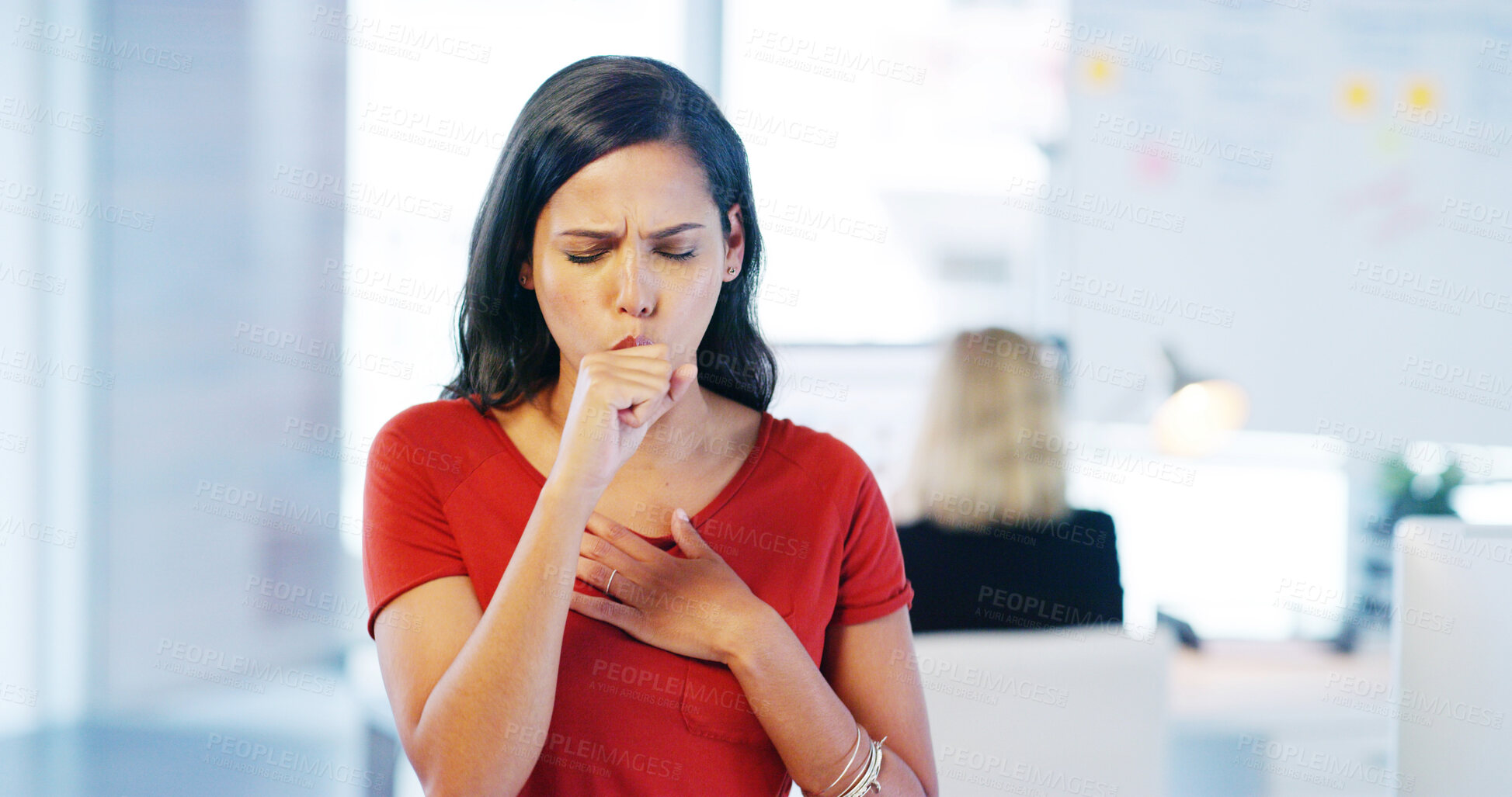 Buy stock photo Woman, cough and chest pain in office, sick or cold with bronchitis, mucus or bacteria at media company. Person, ill and sore throat with flu or infection with bird flu virus at creative agency
