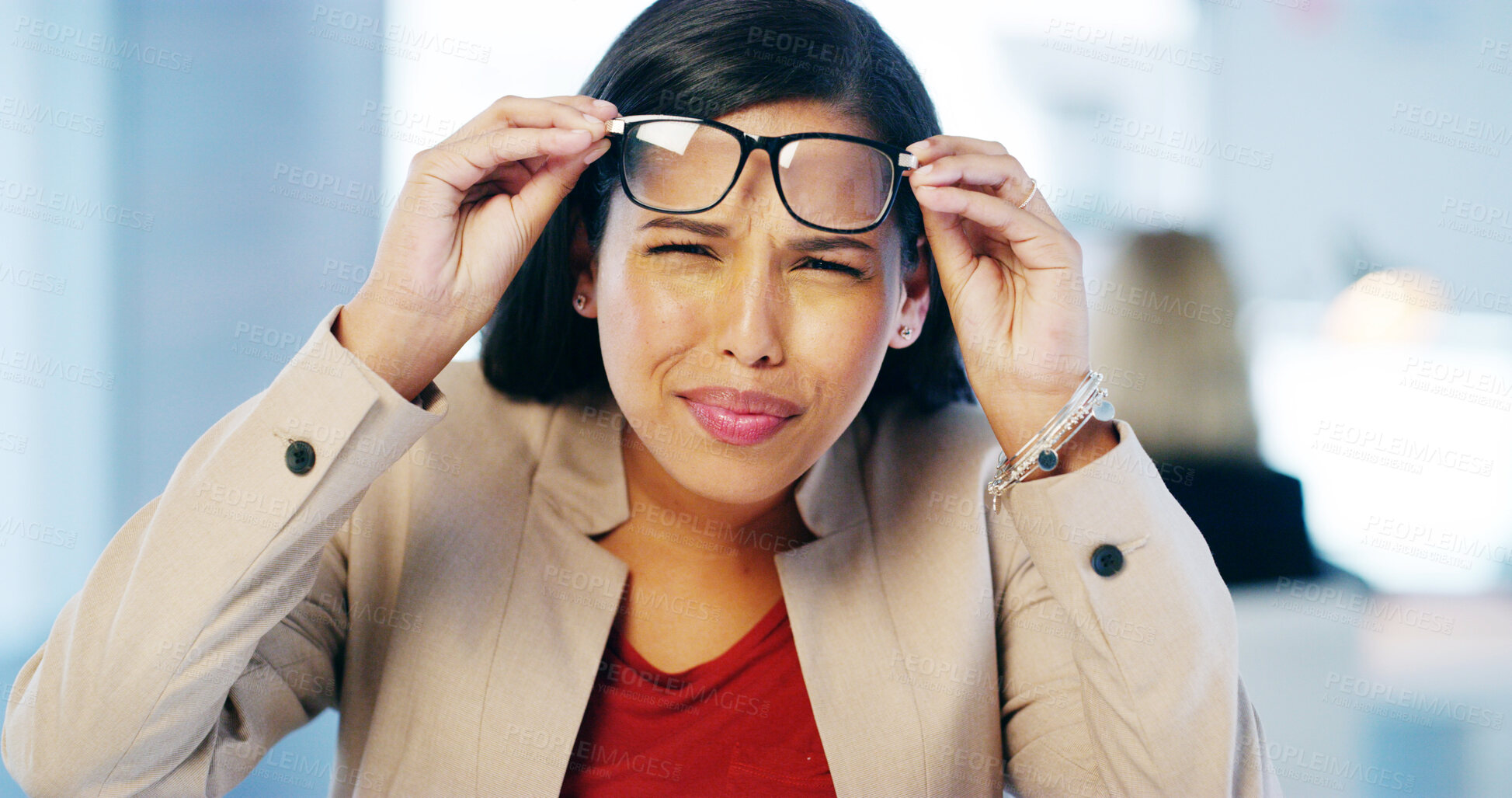 Buy stock photo Office, eyesight and woman with glasses, strain and frustration for wrong prescription, lens and blind. Eyecare, employee and person with blurred vision, confused and eyewear for eyes in business