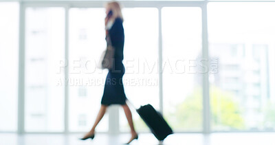 Buy stock photo Luggage, travel and businesswoman at airport for work trip with overseas client for investment. Walking, suitcase and female corporate accountant with international journey with global destination.