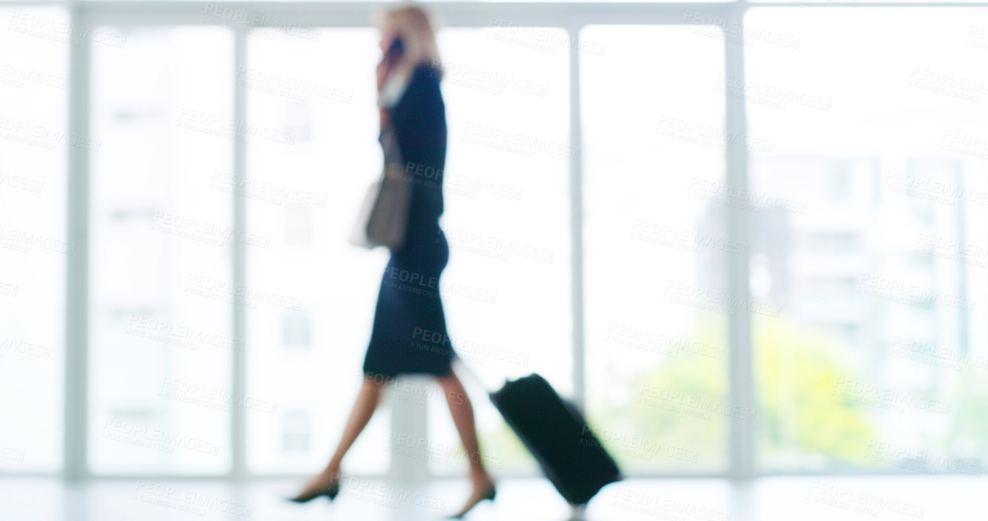 Buy stock photo Luggage, travel and businesswoman at airport for work trip with overseas client for investment. Walking, suitcase and female corporate accountant with international journey with global destination.