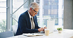 Research, typing and laptop with business man in office for corporate venture capital, email agenda and private equity. Planning, finance return and schedule with mature employee for portfolio assets