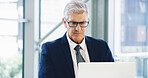 Research, reading and laptop with business man in office for corporate venture capital, email agenda or private equity. Planning, finance return and schedule with mature employee for portfolio assets