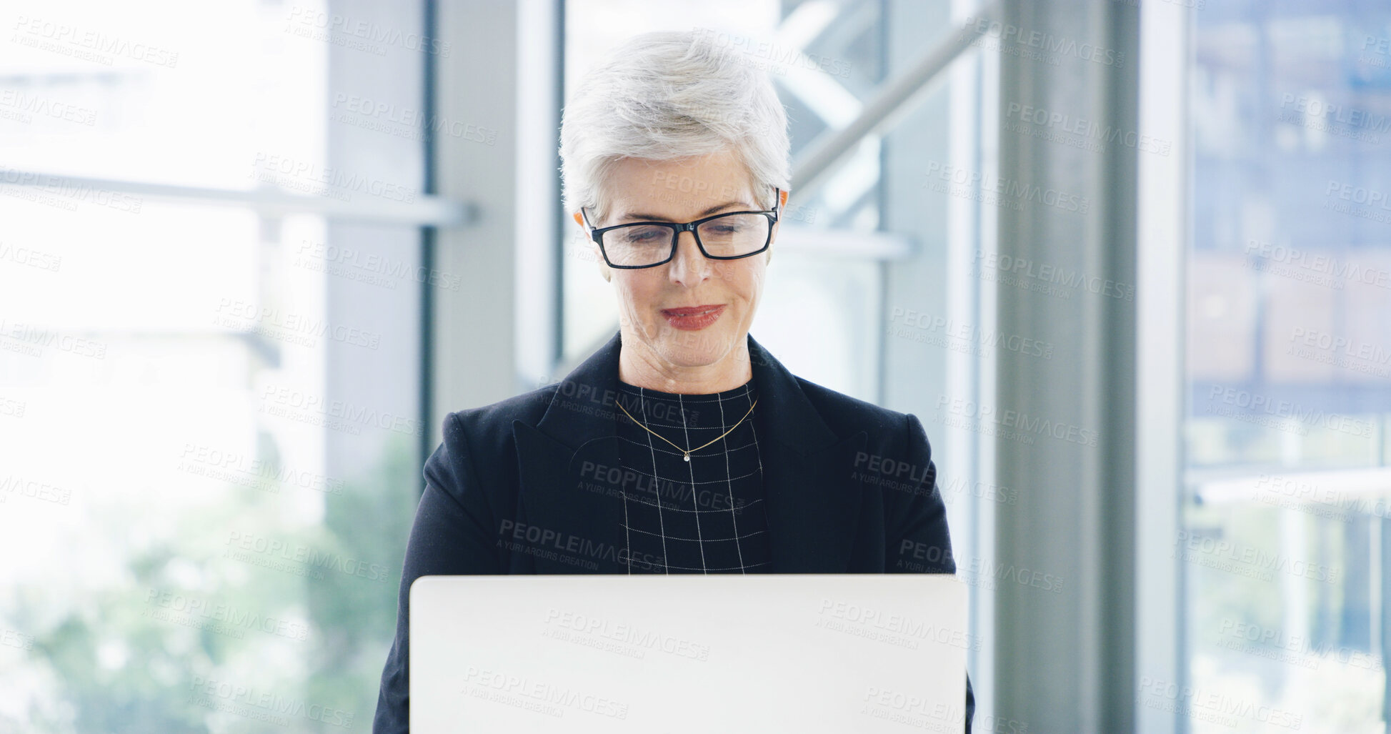 Buy stock photo Reading, search and laptop with business woman in office for corporate venture capital, email agenda or private equity. Planning, finance return and schedule with mature employee for portfolio assets