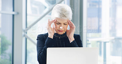 Buy stock photo Business, laptop and mature woman with headache in office, stress and overworked. Person, employee and accountant in workplace, computer or migraine with anxiety, pain or difficult audit with burnout