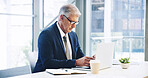 Research, email and laptop with business man in office for corporate venture capital, typing agenda and private equity. Planning, finance return and schedule with mature employee for portfolio assets