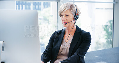 Buy stock photo Computer, headset and mature business woman in office for consulting, proposal and project or online research. Corporate attorney, lawyer and crm support on technology for report, email and planning