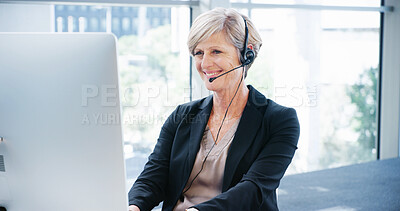 Buy stock photo Computer, headset and business woman for consulting, proposal and project for online research in office. Mature corporate attorney, lawyer and crm support on tech for report, email and communication