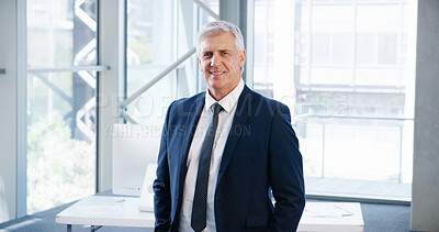 Buy stock photo Corporate, portrait and smile with mature businessman in office for management of professional company. About us, happy and mission with CEO or executive in suit at finance or investment agency