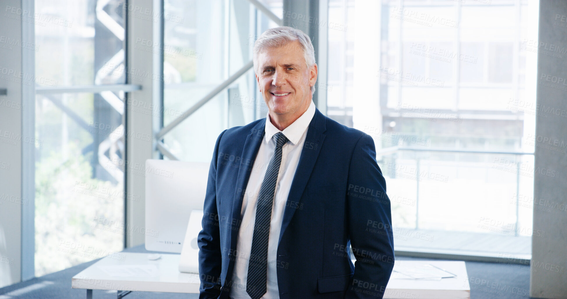 Buy stock photo Corporate, portrait and smile with mature businessman in office for management of professional company. About us, happy and mission with CEO or executive in suit at finance or investment agency