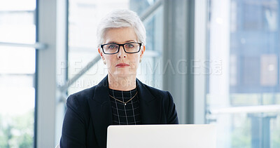 Buy stock photo Glasses, laptop and portrait with business woman in office for debt solution, loan application and report. Bank manager, client portfolio and corporate with mature person in finance firm for email