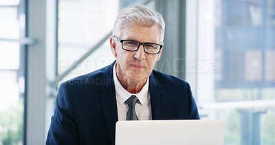 Buy stock photo Corporate, laptop and portrait with business man in office for debt solution, loan application and update. Bank manager, client portfolio and glasses with mature person in finance firm for email