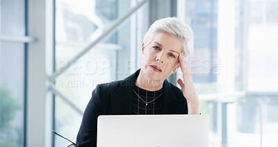 Buy stock photo Headache, laptop and portrait with business woman in office for debt solution, loan application and anxiety. Bank manager, client portfolio and tired with mature person in finance firm for burnout