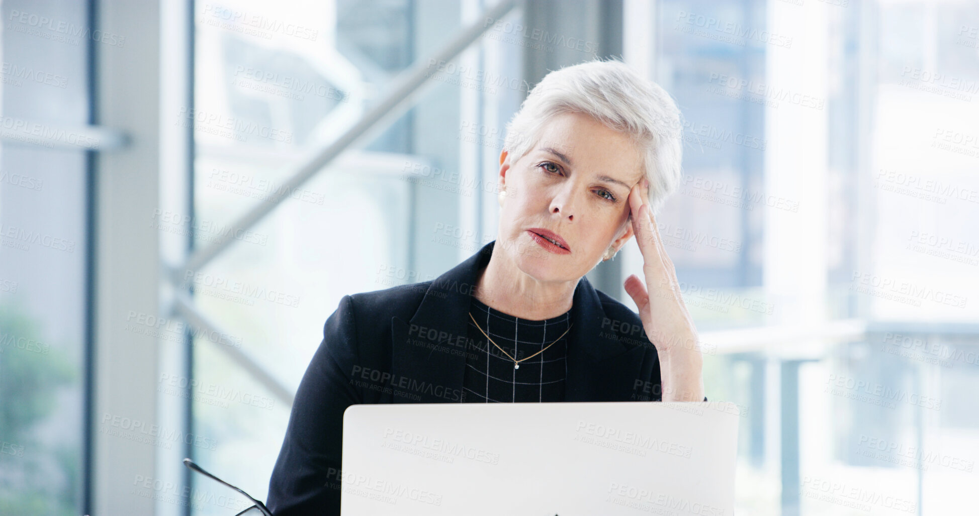 Buy stock photo Headache, laptop and portrait with business woman in office for debt solution, loan application and anxiety. Bank manager, client portfolio and tired with mature person in finance firm for burnout