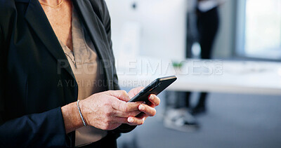 Buy stock photo Phone, typing and hands of woman in office with online chat, schedule or research for business plan. Smartphone, businesswoman or architect with mobile app for digital notes, planning or networking
