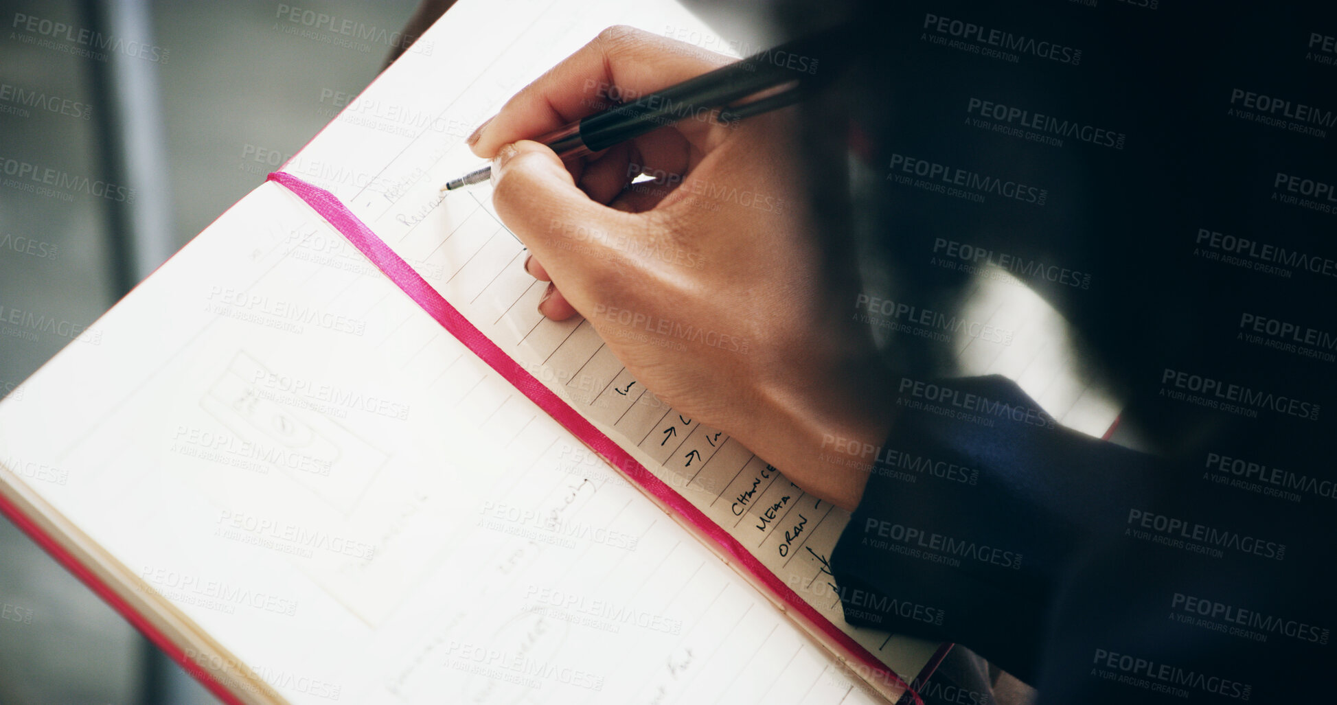 Buy stock photo Book, hand and writing with business people in office from above for agenda, appointment or schedule. Diary, journal or notebook and notes of employee with pen in corporate workplace for reminder
