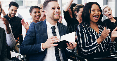 Buy stock photo Business people, audience and applause for conference, training and celebration with workshop feedback. Presentation, announcement and meeting for growth, future and investment company seminar goals