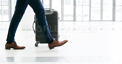 Buy stock photo Business, suitcase and walking with person in airport terminal for international travel or trip. Legs, luggage and flight with corporate passenger at arrival or departure gate for boarding or journey