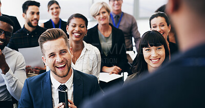Buy stock photo Business people, audience and laugh for conference joke, training and manager with workshop feedback. Presentation, meeting and collaboration for growth, future and investment company seminar goals