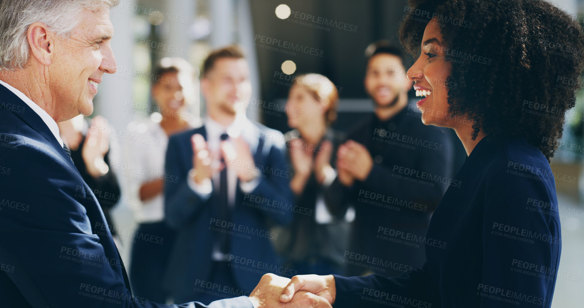 Buy stock photo Welcome, people and handshake for meeting, smile and thank you for opportunity of deal and corporate. Partnership, entrepreneur and shaking hands for agreement with team, congratulations and gesture