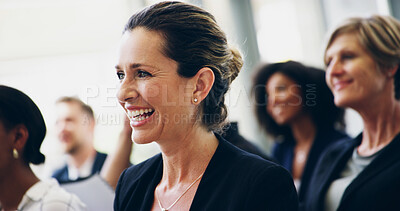 Buy stock photo Office, business people and woman in workshop for laughing, training and event for corporate staff. Employees, audience and development with consultant for conference, seminar and learning for career