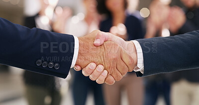 Buy stock photo Agreement, hands and handshake for meeting, office and thank you for opportunity of deal and corporate. Partnership, entrepreneur and gesture for success with team, congratulations and negotiation