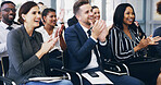 Happy, business people and seminar with applause for presentation, meeting or corporate speech at office. Excited, group or employees clapping with smile for staff training, workshop or conference