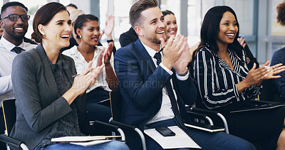 Buy stock photo Happy, business people and seminar with applause for presentation, meeting or corporate speech at office. Excited, group or employees clapping with smile for staff training, workshop or conference