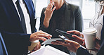 Business people, hands and meeting with tablet or phone for data sync, network or online innovation at office. Closeup, group or employees with technology for connectivity, app or corporate research
