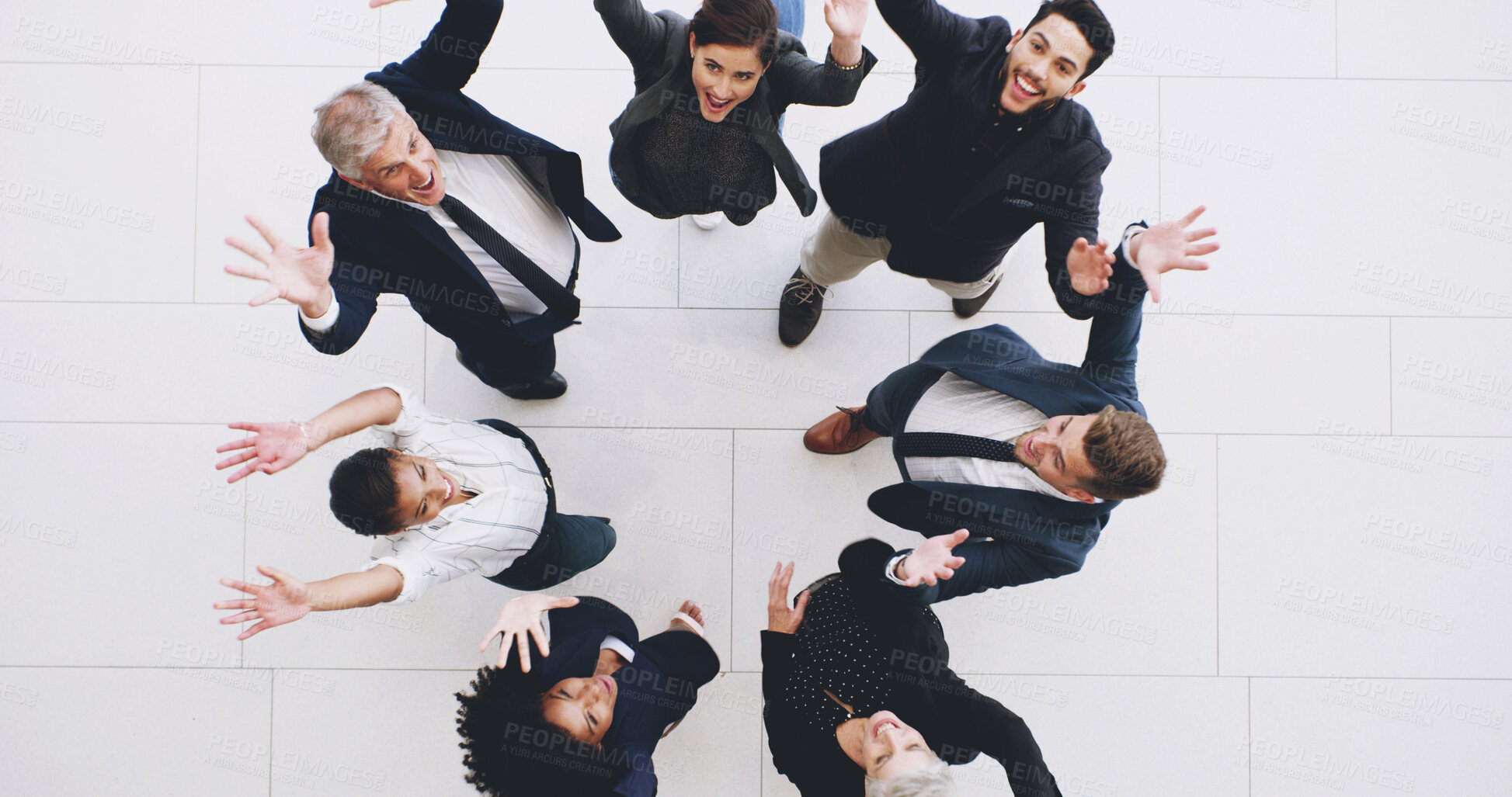 Buy stock photo Happy, business people or meeting with celebration above for teamwork, success or motivation at office. Top view, group or excited employees with smile or hooray for completion, productivity or unity