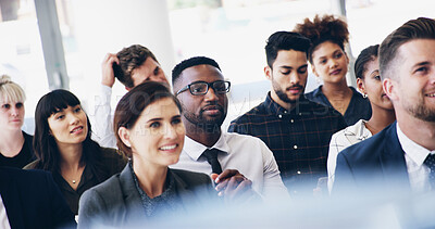 Buy stock photo Woman, listening and smile in audience, convention and attention for announcement with group. Business people, person and crowd with diversity, success and happy for conference at insurance agency