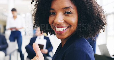 Buy stock photo Happy, collaboration and portrait of businesswoman in office for negotiation on real estate law case with clients. Confident, professional and attorney with team for legal property transaction deal.