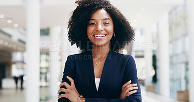 Buy stock photo Portrait, lawyer or happy black woman with arms crossed in business for advocate, confidence or practice. Face, legal counsel or attorney at law firm of Kenya for career growth, litigation or justice