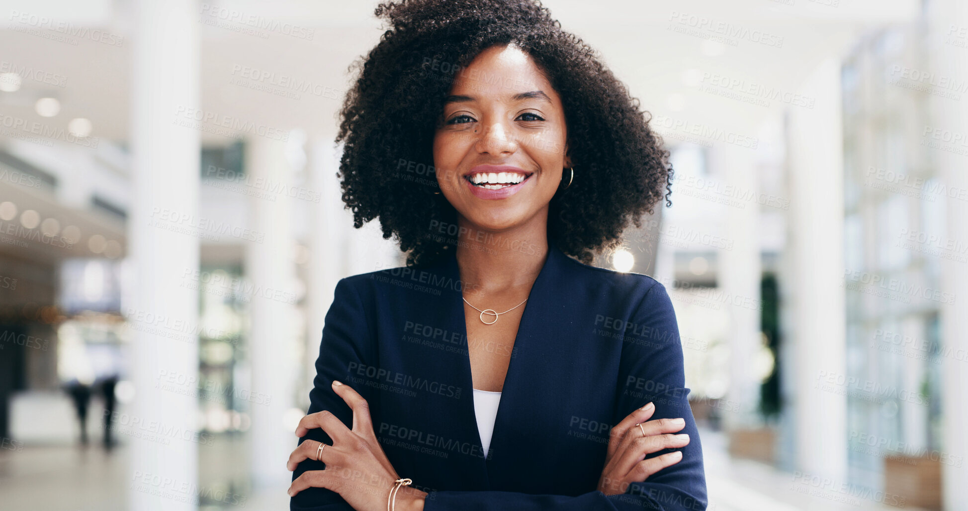 Buy stock photo Portrait, lawyer or happy black woman with arms crossed in business for advocate, confidence or practice. Face, legal counsel or attorney at law firm of Kenya for career growth, litigation or justice