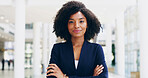Portrait, lawyer or black woman in office with arms crossed for advocate, confidence or practice. Proud, legal counsel or attorney clerk at law firm of Kenya for career growth, litigation or justice