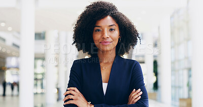 Buy stock photo Portrait, lawyer or black woman in office with arms crossed for advocate, confidence or practice. Proud, legal counsel or attorney clerk at law firm of Kenya for career growth, litigation or justice