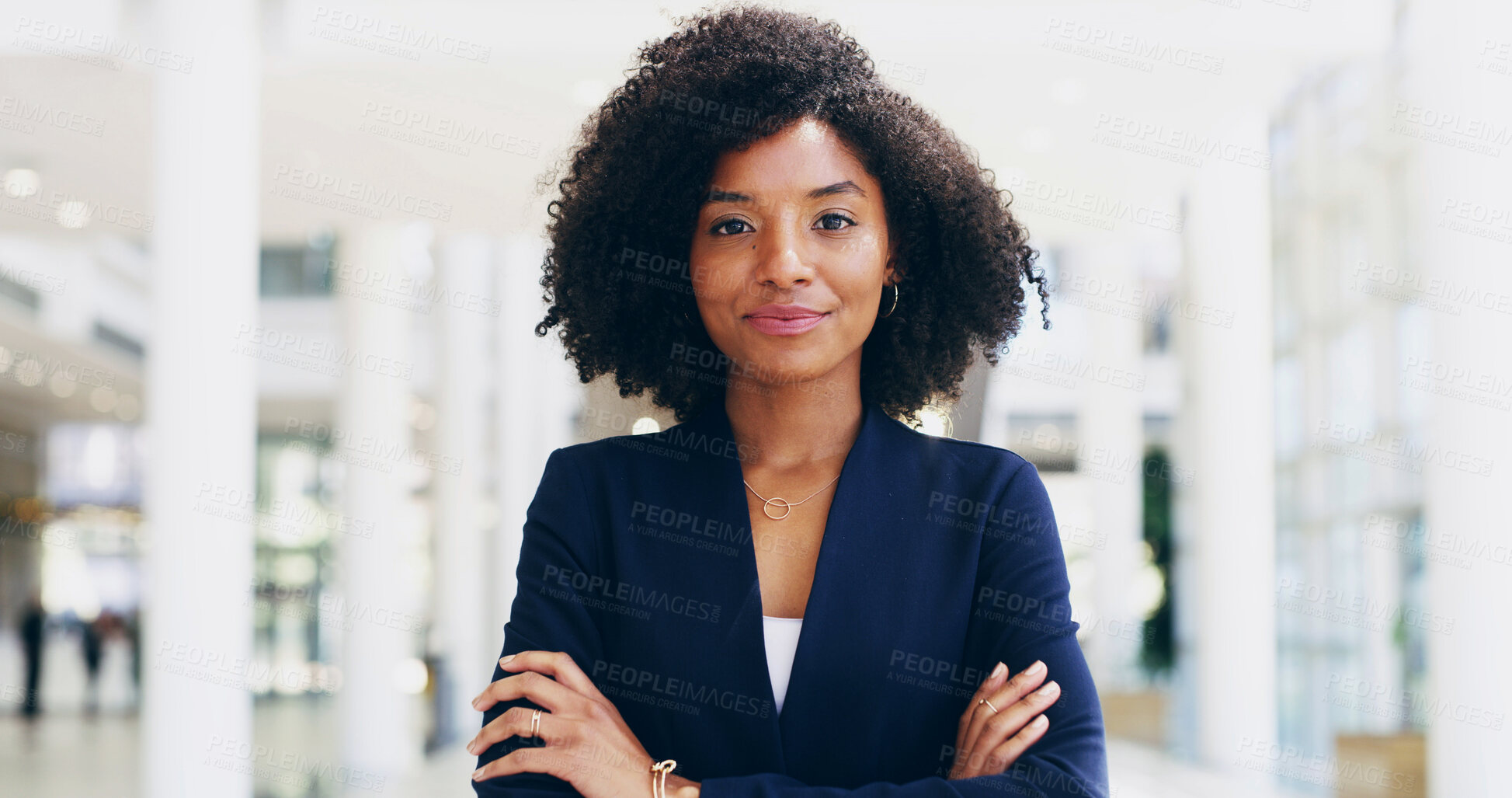 Buy stock photo Portrait, lawyer or black woman in office with arms crossed for advocate, confidence or practice. Proud, legal counsel or attorney clerk at law firm of Kenya for career growth, litigation or justice