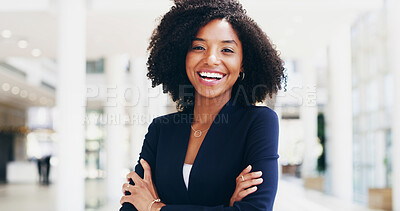 Buy stock photo Smile, portrait and woman in office with arms crossed, opportunity and professional at law firm. Lawyer, attorney or happy consultant with confidence, business growth and development at legal agency