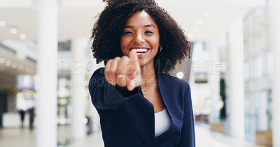 Buy stock photo Black woman, portrait and point at you in office, hallway and happy for choice, recruitment or call to action. African person, sign and decision for hiring, onboarding and human resources in Nigeria