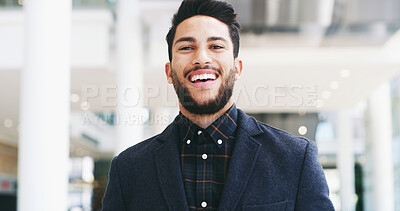 Buy stock photo Happy man, portrait and business accountant in office, professional and company finance expert. Workplace, banking employee and confidence for accounting, laughing and investment broker at agency