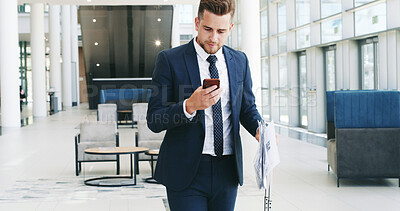 Buy stock photo Businessman, travel or suitcase with phone for business trip, career opportunity or walking at airport. Man, traveler or corporate immigrant with luggage on mobile smartphone for global flight app