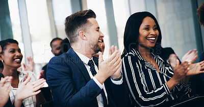 Buy stock photo Business people, applause and happy in audience, conference and celebration for company goals. Crowd, men and women with diversity, success and announcement for profit with cheers at insurance agency