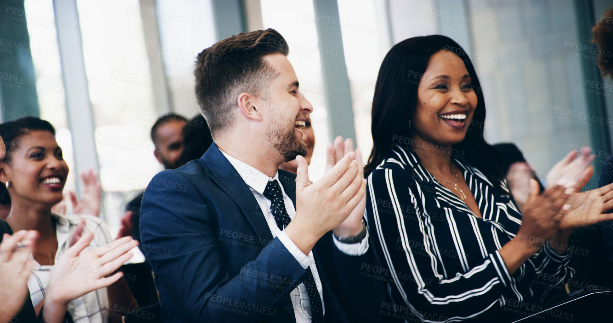 Buy stock photo Business people, applause and happy in audience, conference and celebration for company goals. Crowd, men and women with diversity, success and announcement for profit with cheers at insurance agency