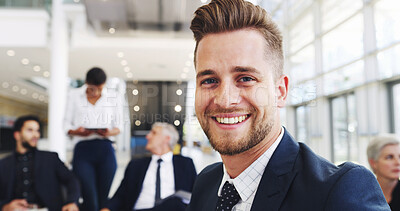 Buy stock photo Happy, meeting and portrait of businessman in office for negotiation on real estate law case with clients. Confident, professional and male attorney with team for legal property transaction deal.