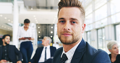 Buy stock photo Meeting, portrait and man in office with confidence, opportunity or professional at law firm conference. Planning, businessman and consultant with team, business growth or development at legal agency